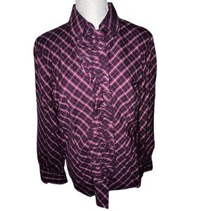 New York & Company Womens Purple Plaid Ruffle Button-Up Shirt Size L Long Sleeve